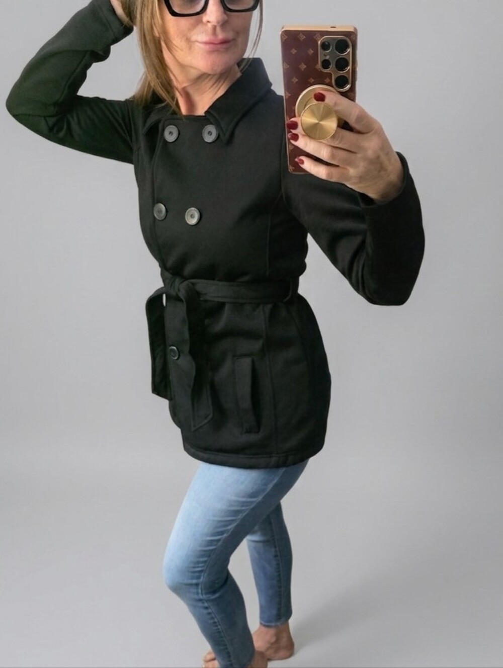 Roxy Women's Black Double-Breasted Pea Coat with Belt